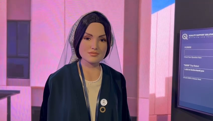 Photo of ROSHN Group’s AI-powered humanoid robot - Sara. Part of the ROSHN Group showcase included the first Saudi Arabian-built AI-powered humanoid robot, Sara, which is capable of holding conversations with people about subjects including ROSHN and the ambitious Vision 2030 project in both Arabic and English. AI. Artificial Intelligence. Robot. Future. Science. Technology. Real Estate. Saudi Arabia. Giga-project.
